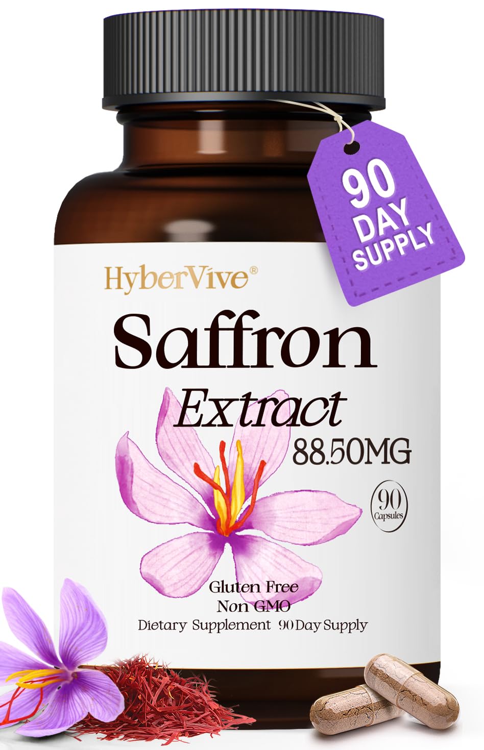 HyberVive saffron capsule close-up highlighting pure extract for mood support.