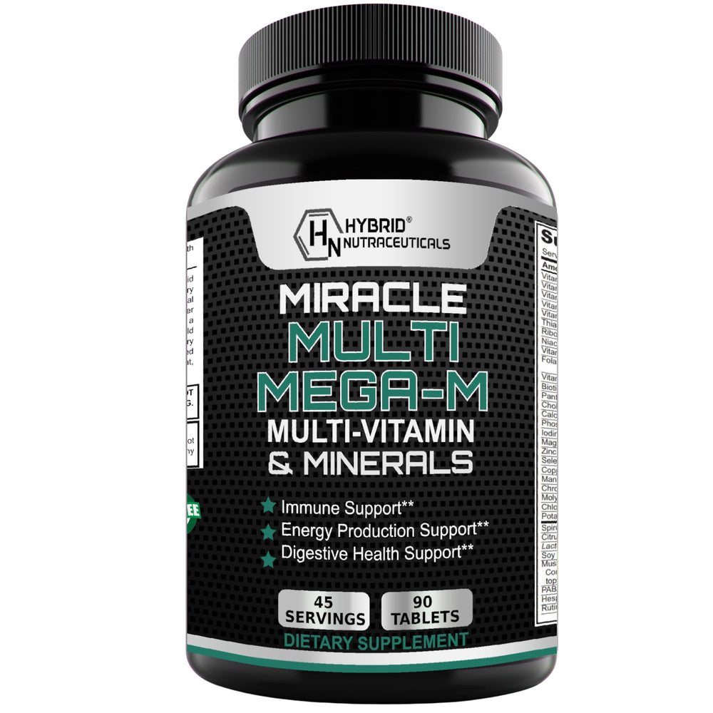 Hybrid Nutraceuticals MEGA-M multivitamin bottle showing daily energy and immunity support