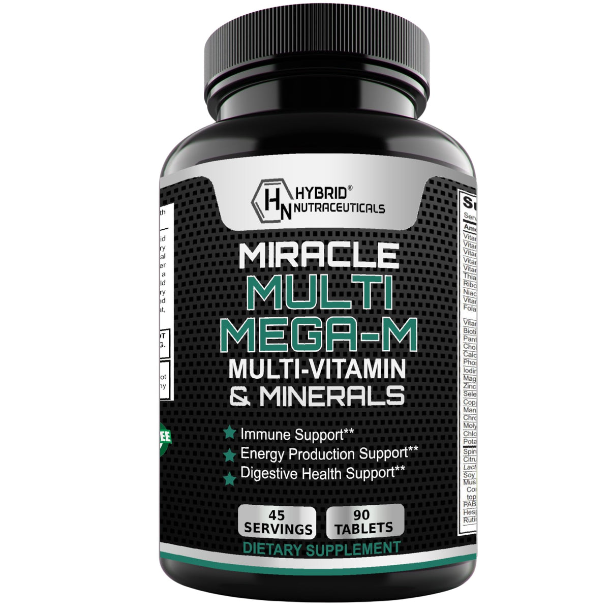 Hybrid Nutraceuticals MEGA-M multivitamin bottle showing daily energy and immunity support