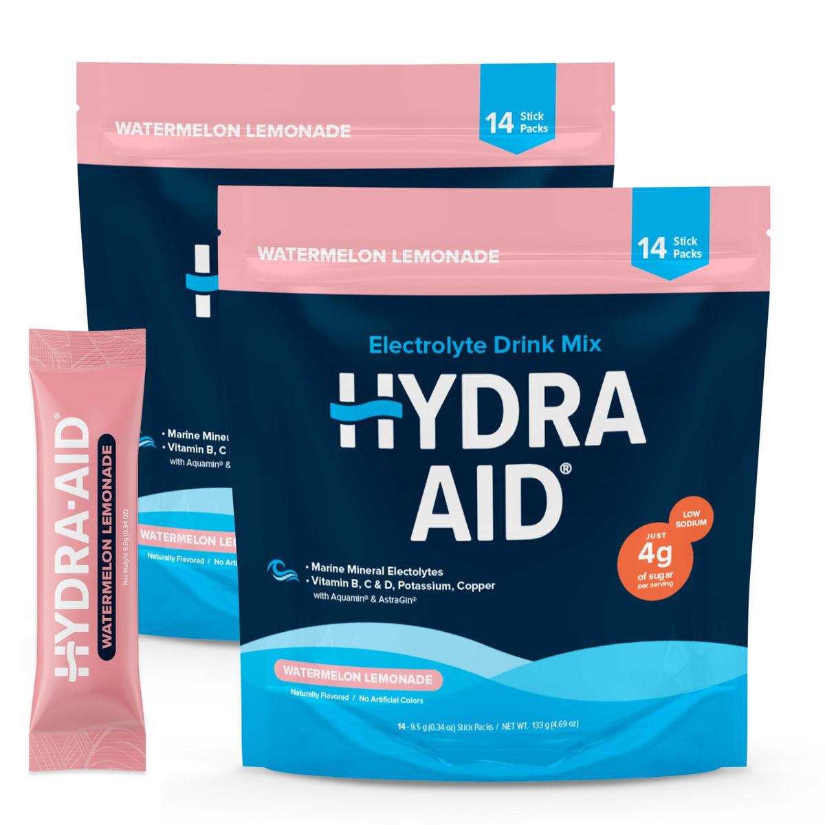 HYDRA AID Lemonade Watermelon stick dissolving in glass for refreshing hydration.