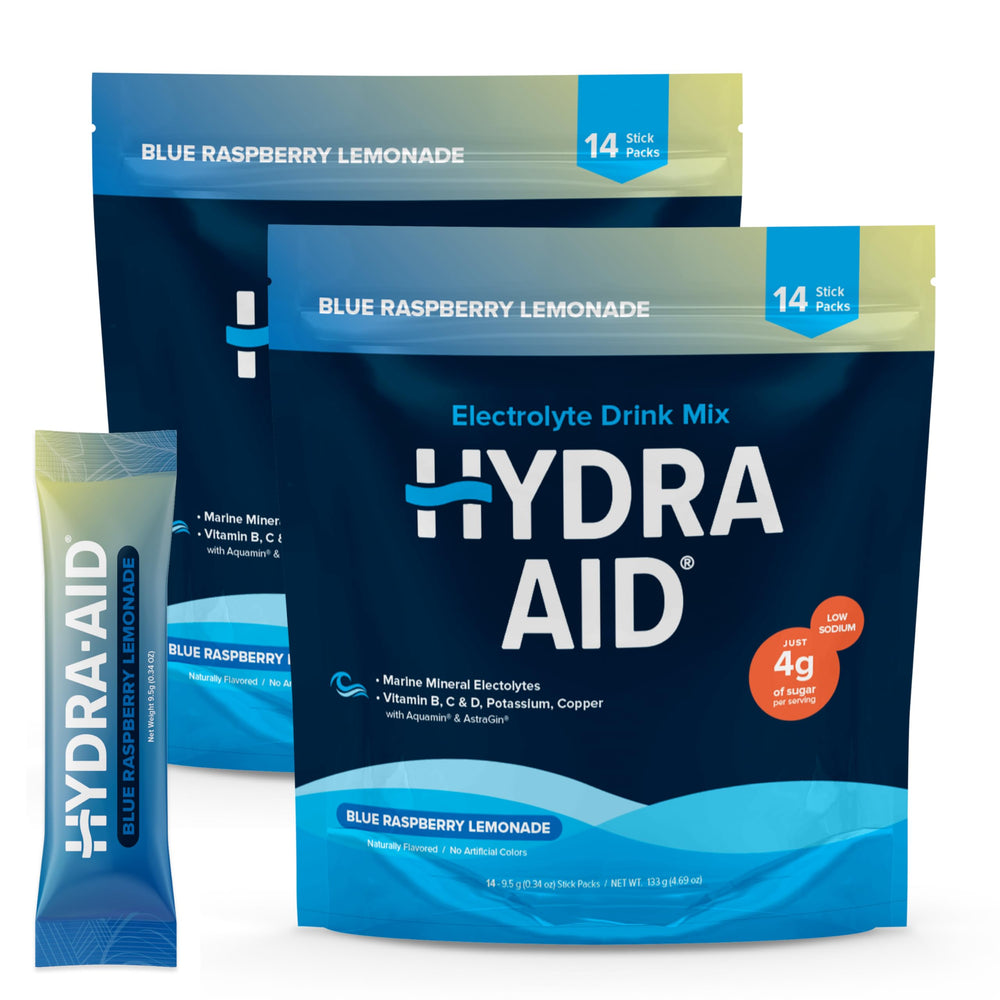HYDRA AID low-sodium electrolyte packets front view highlighting easy hydration