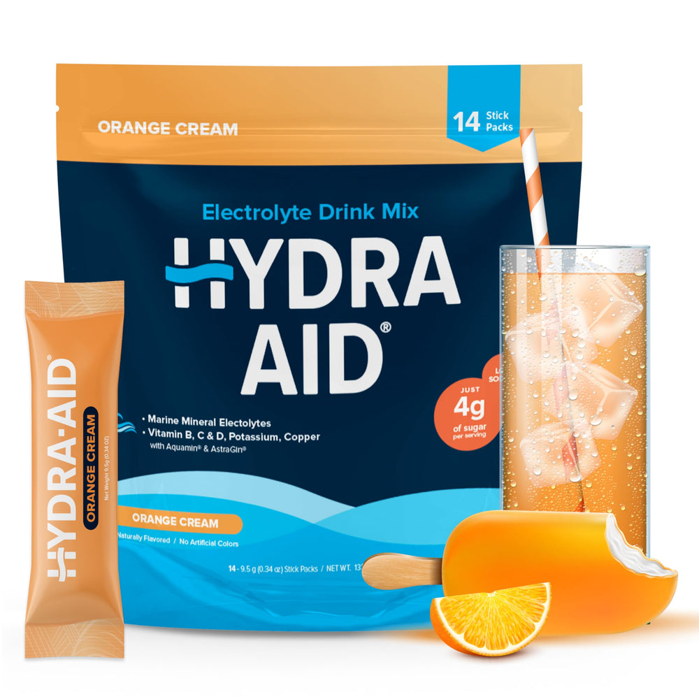 HYDRA AID electrolyte packets in a pack for on-the-go hydration.
