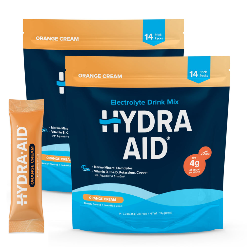 HYDRA AID low-sodium electrolyte packets packaging for convenient hydration
