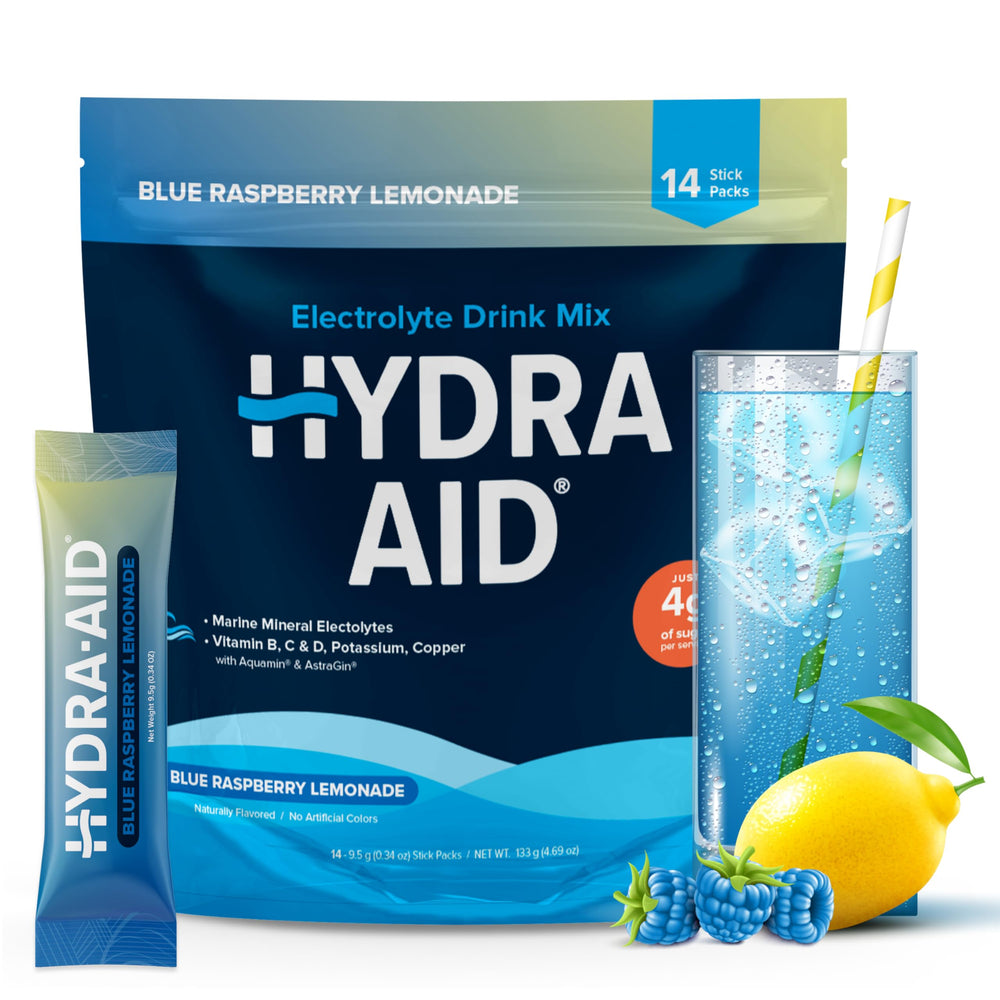 HYDRA AID Raspberry Blue Lemonade stick dissolving in water for refreshing hydration on the go.