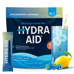 HYDRA AID Raspberry Blue Lemonade stick dissolving in water for refreshing hydration on the go.
