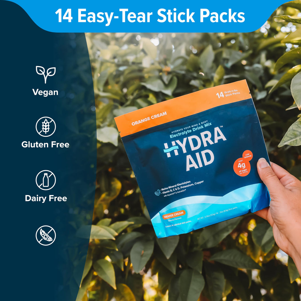 HYDRA AID vitamins B, C, D panel on box highlighting nutrients