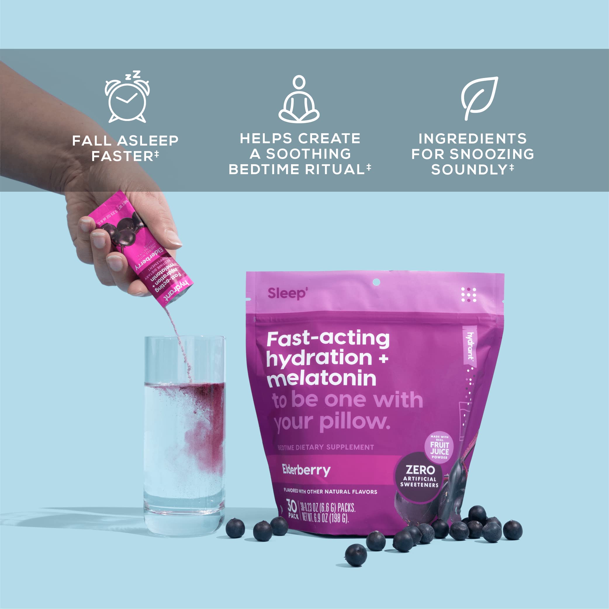 HYDRANT 30-pack sleep hydration packets visible in packaging.