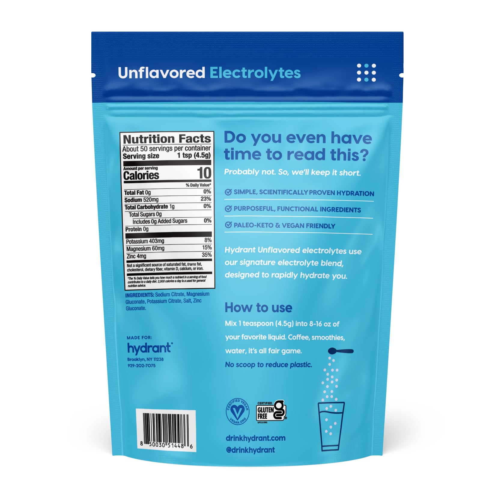HYDRANT 50 servings electrolyte powder delivers fast, balanced hydration