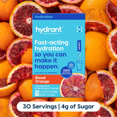 HYDRANT bottle pour shows a refreshing blood orange drink for quick hydration after workouts.