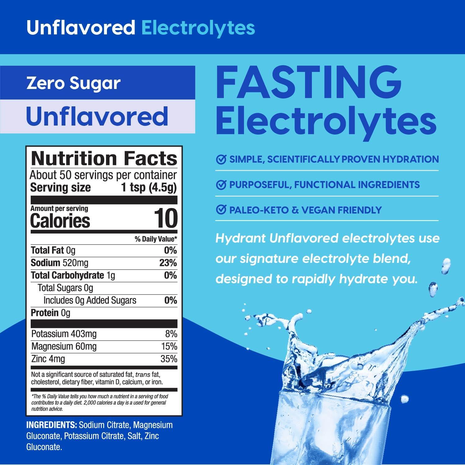 HYDRANT box shows 50 servings for sugar-free fasting hydration.