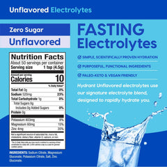 HYDRANT box shows 50 servings for sugar-free fasting hydration.