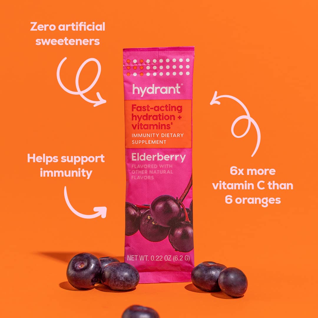 Close-up of HYDRANT elderberry flavor packaging and ingredients.