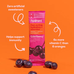 Close-up of HYDRANT elderberry flavor packaging and ingredients.