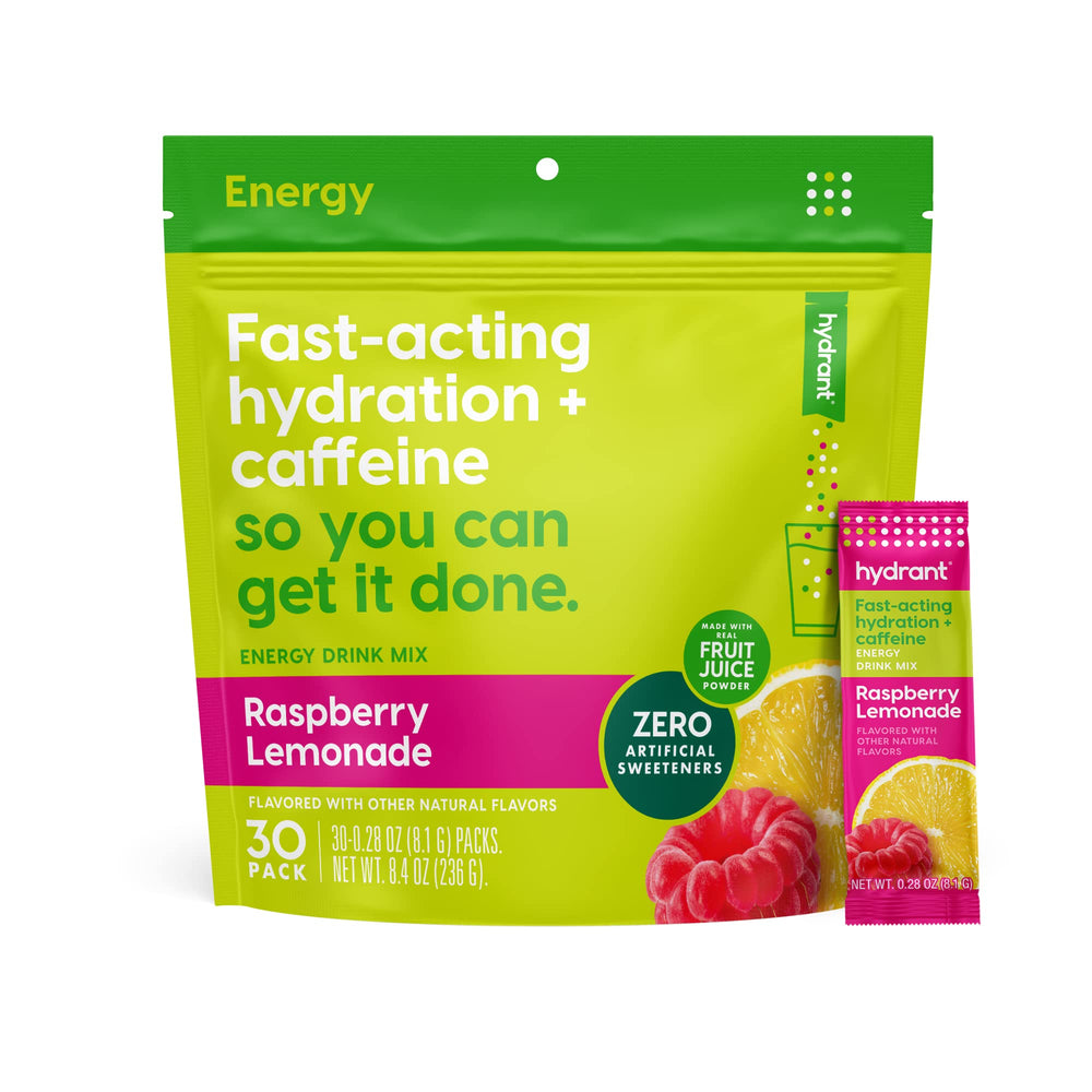 HYDRANT energy powder raspberry lemonade pour shows quick hydration and fruity flavor
