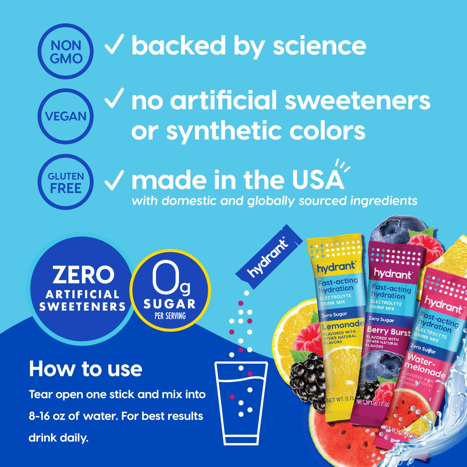 HYDRANT on-the-go hydration stick pack, ideal for gym bag.