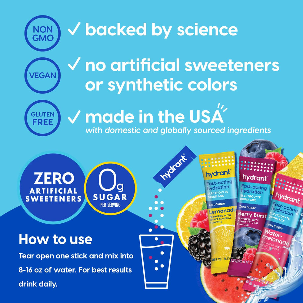HYDRANT on-the-go hydration stick pack, ideal for gym bag.