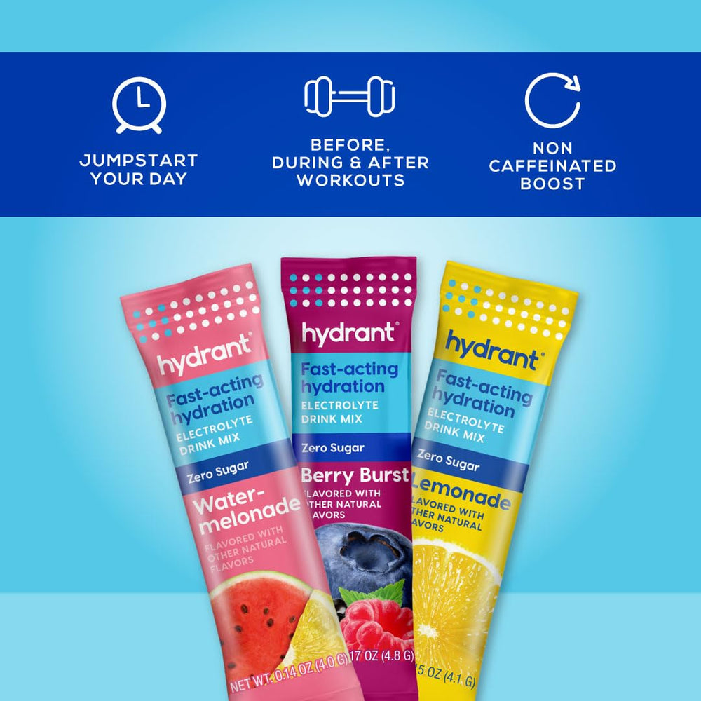 HYDRANT zero sugar hydration stick pack, clean-label and flight-ready.