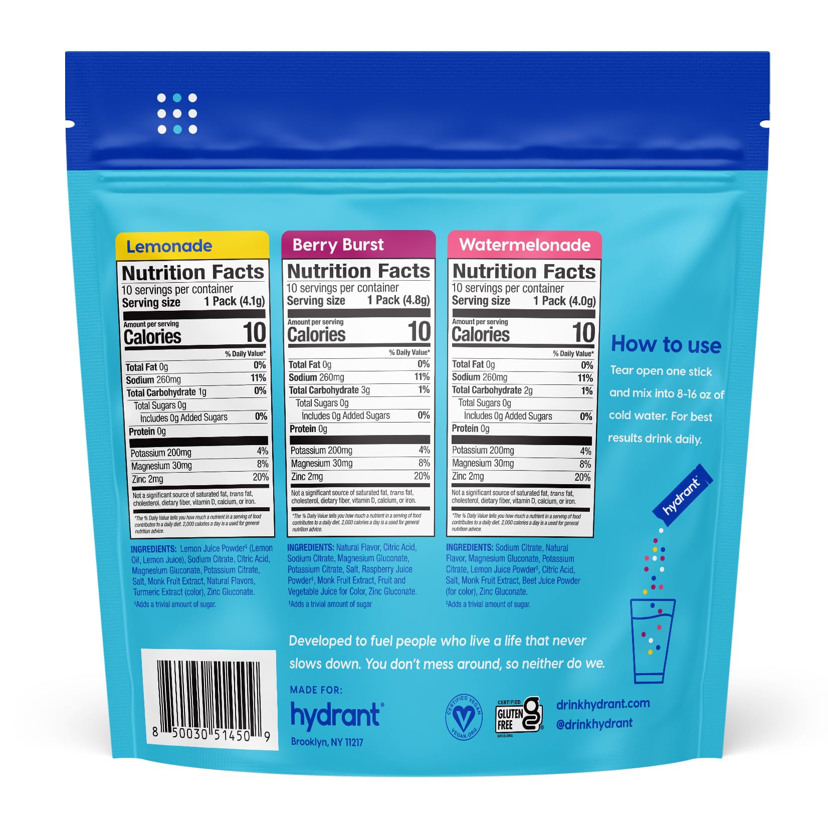 HYDRANT variety-pack 30-count sticks for easy daily hydration.