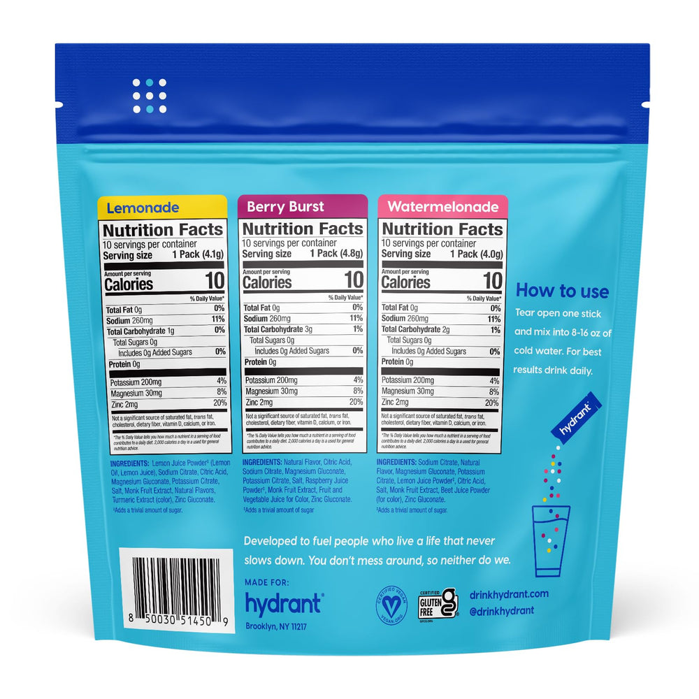 HYDRANT variety-pack 30-count sticks for easy daily hydration.