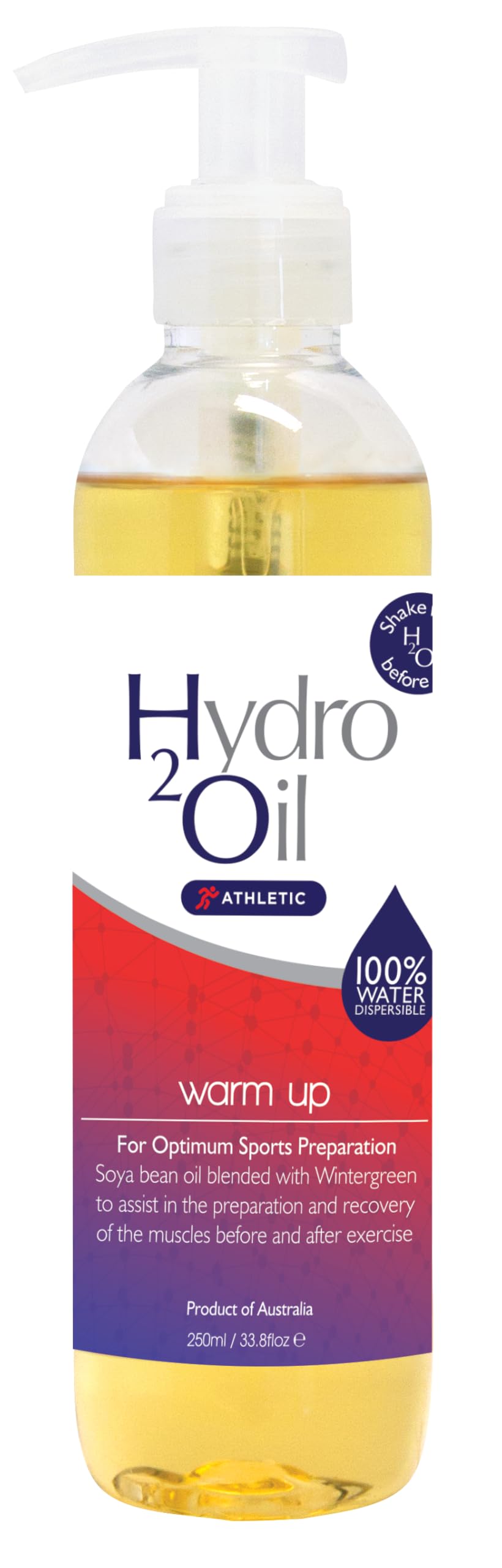 HYDRO 2 OIL bottle pour showing warm-up action for pre-exercise comfort.