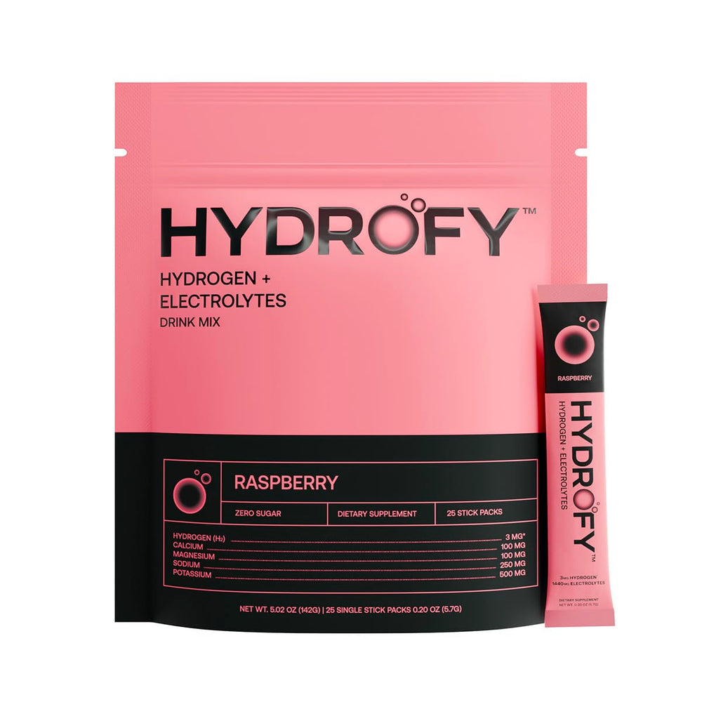 Hydrofy Raspberry hydration packets front, convenient on-the-go hydration.