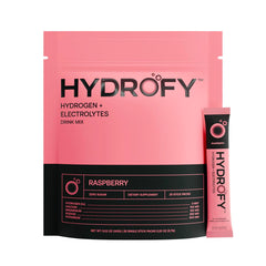 Hydrofy Raspberry hydration packets front, convenient on-the-go hydration.