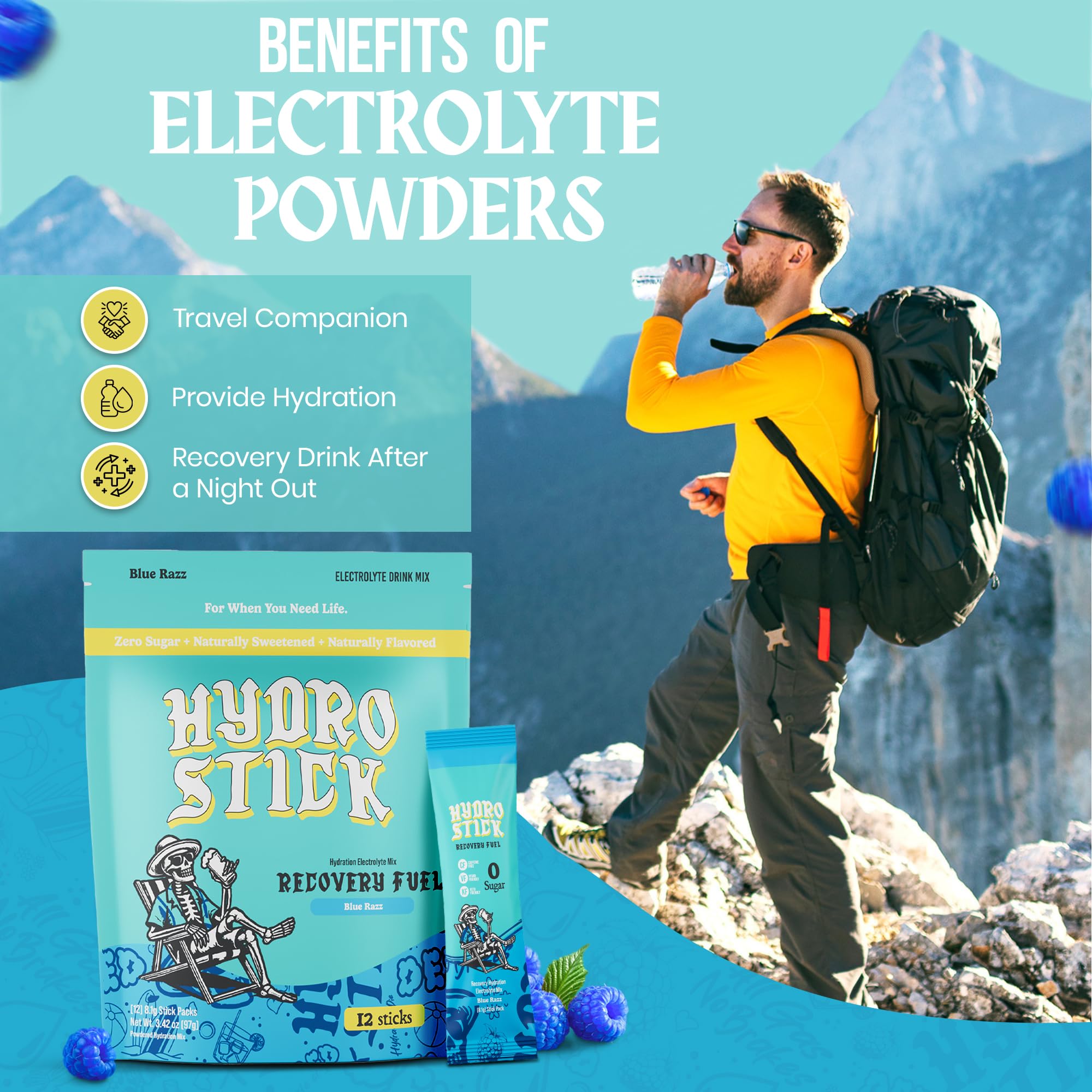 HydroStick sugar-free hydration mix features clean, zero added sugars for refreshing hydration.