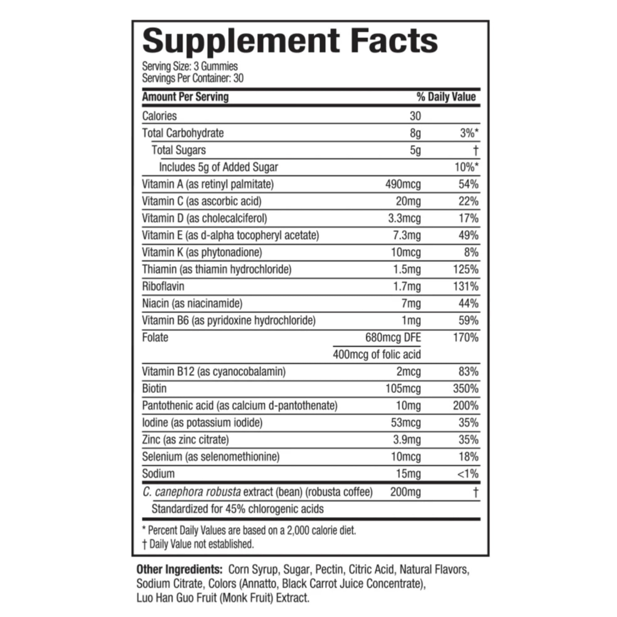 Hydroxycut Gummies vitamin-mineral label showing 15 nutrients.