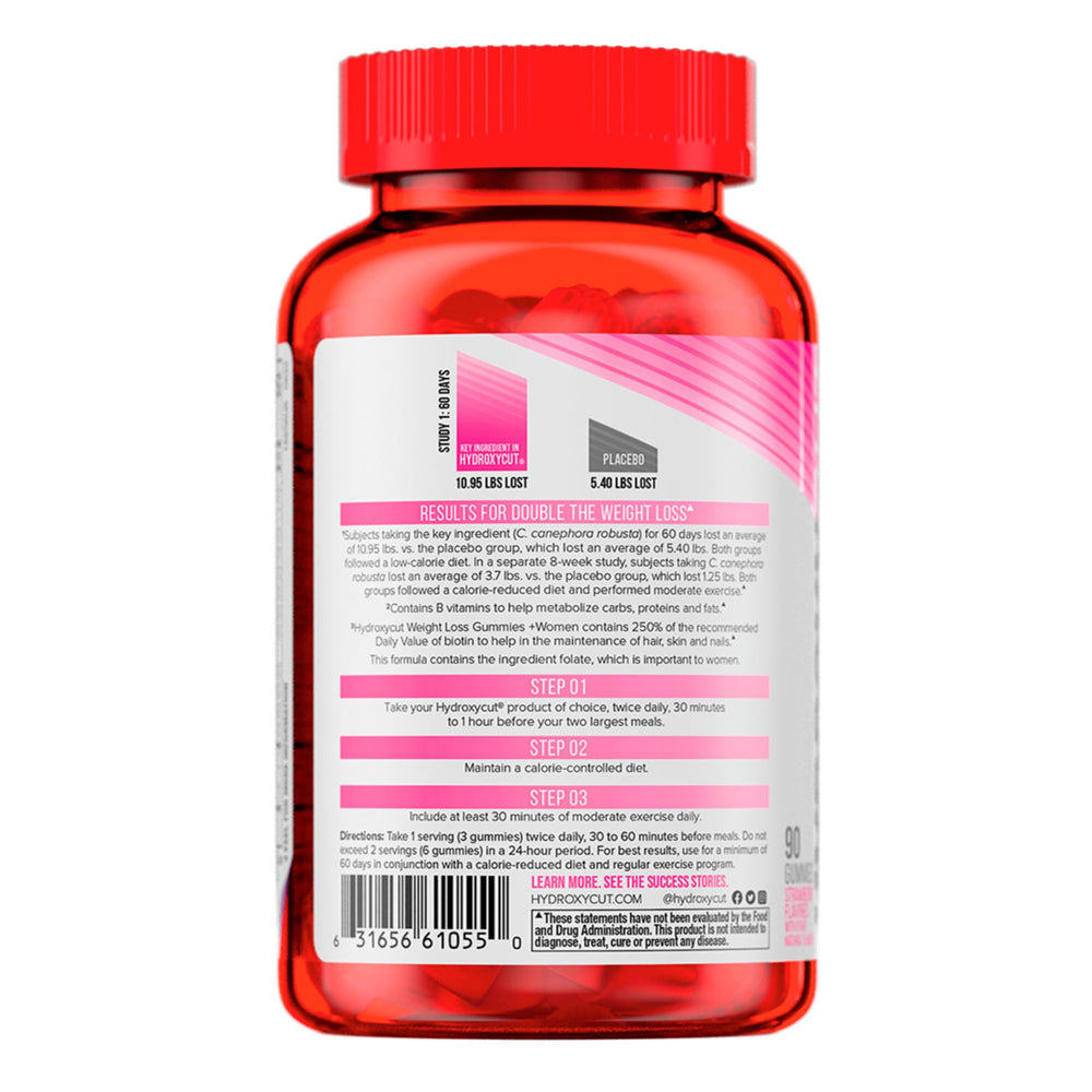 Hydroxycut Gummies +Women on desk or gym bag for easy use.