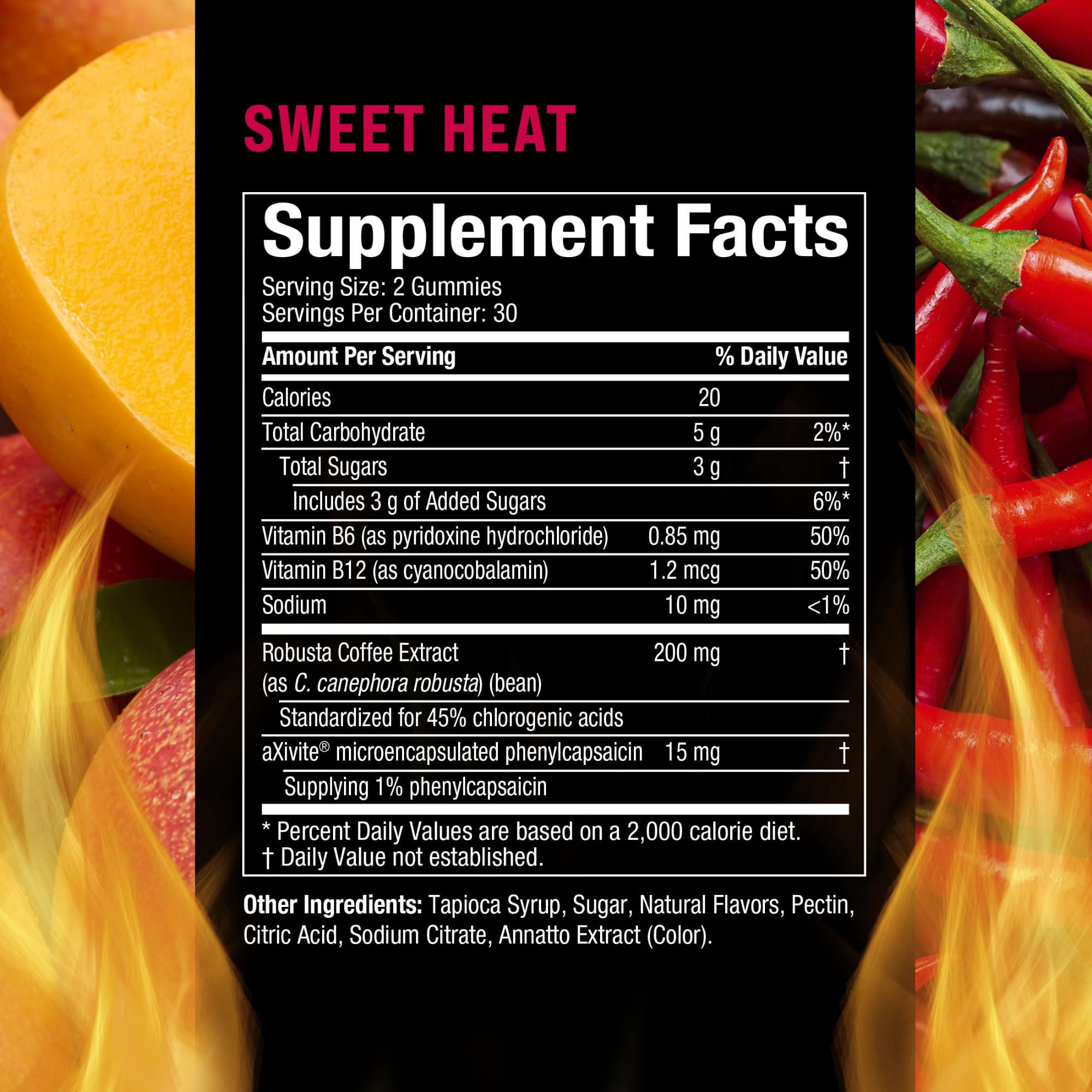 Close-up of Hydroxycut gummies showing Sweet Heat flavor and warming aXivite sensation.