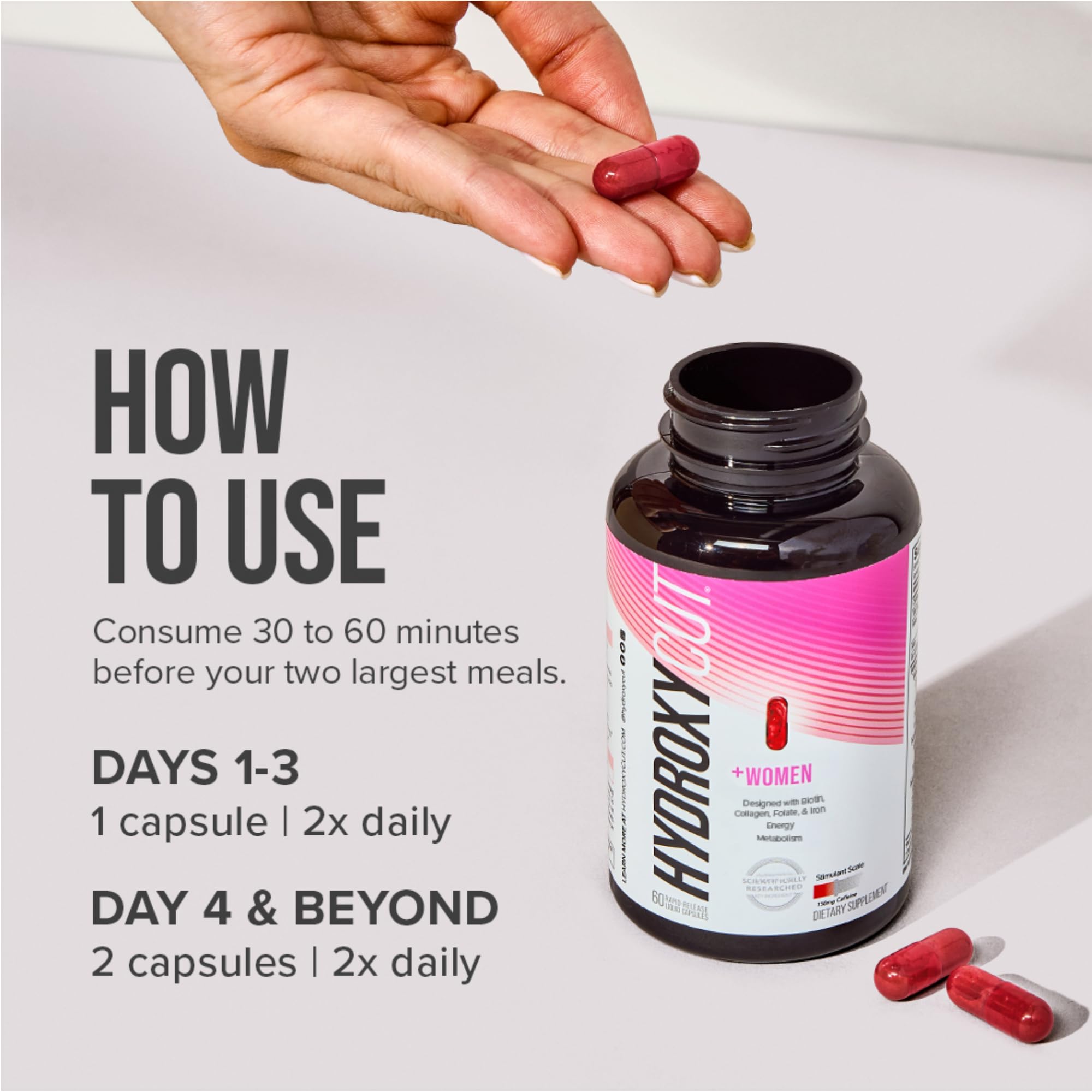Hydroxycut +Women iron and folate icons communicating women's daily needs.