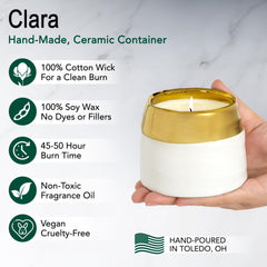 Hyggelight Clara 10oz ceramic pot close-up with gold and white design for stylish decor