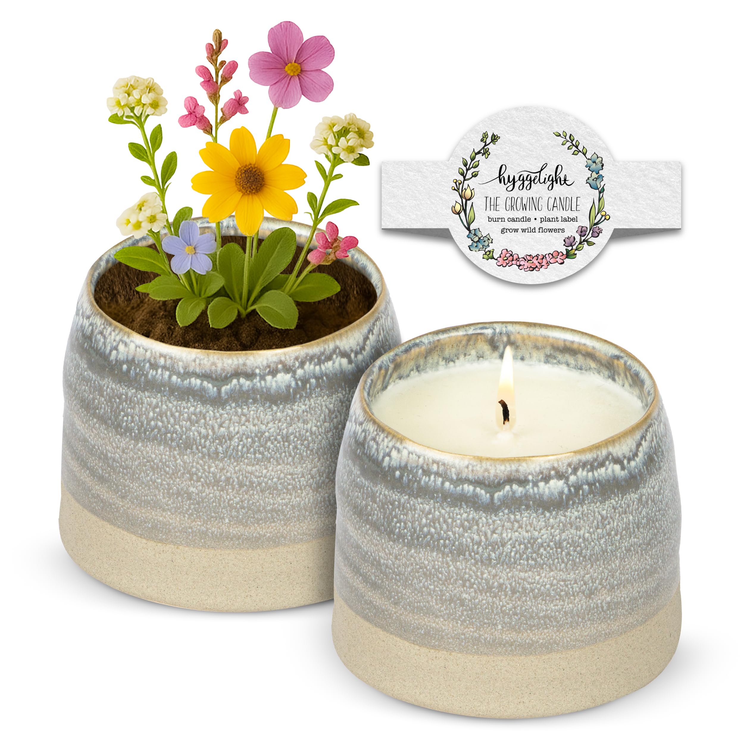 Hyggelight Greta growing candle in lavender-scented ceramic pot ready to burn with clean soy