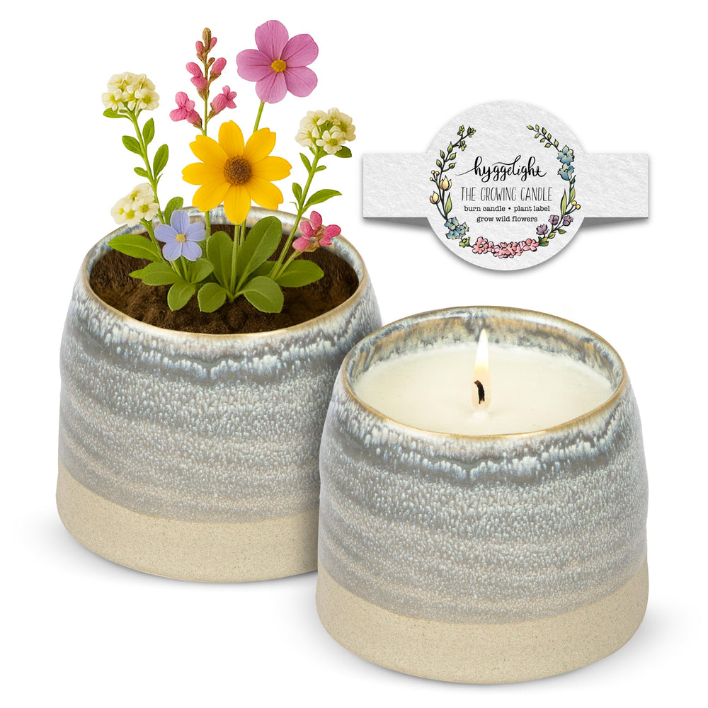 Hyggelight Greta growing candle in lavender-scented ceramic pot ready to burn with clean soy