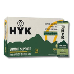 HYK Electrolyte+ bottle and stick pack for on-the-go hydration during runs.