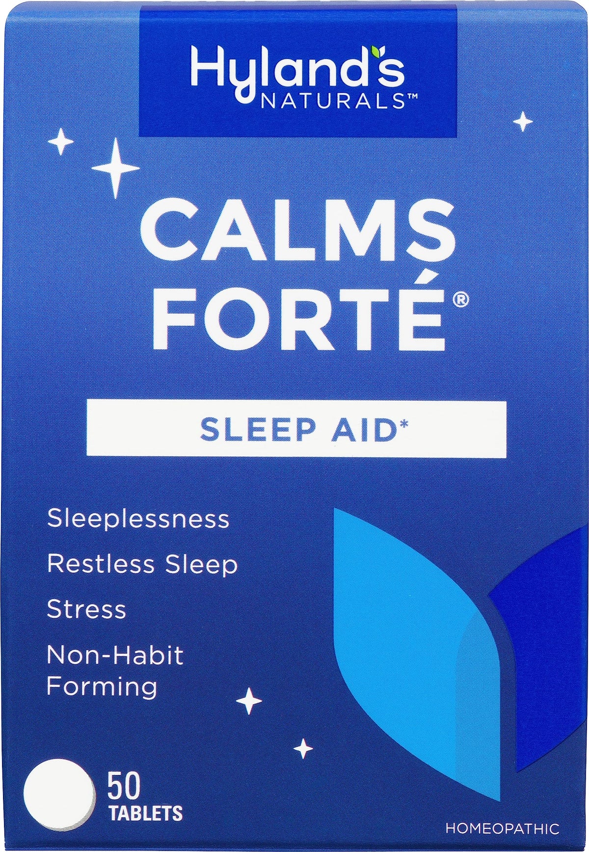 Hyland's Calms Forte bottle-front view showing packaging and stress-related rest use case.