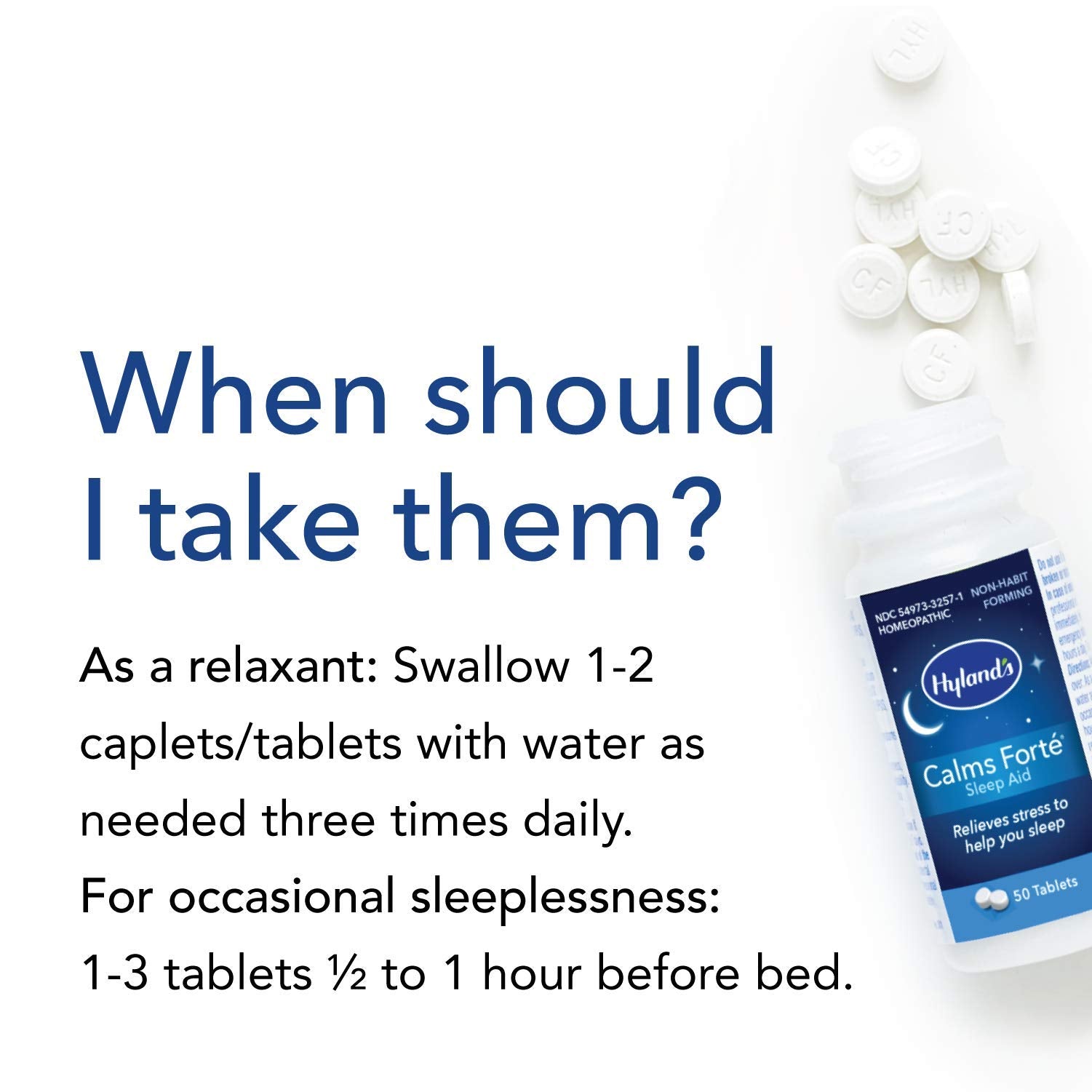 Hyland's Calms Forte tablets dissolving on a spoon for quick, natural calm before bed.
