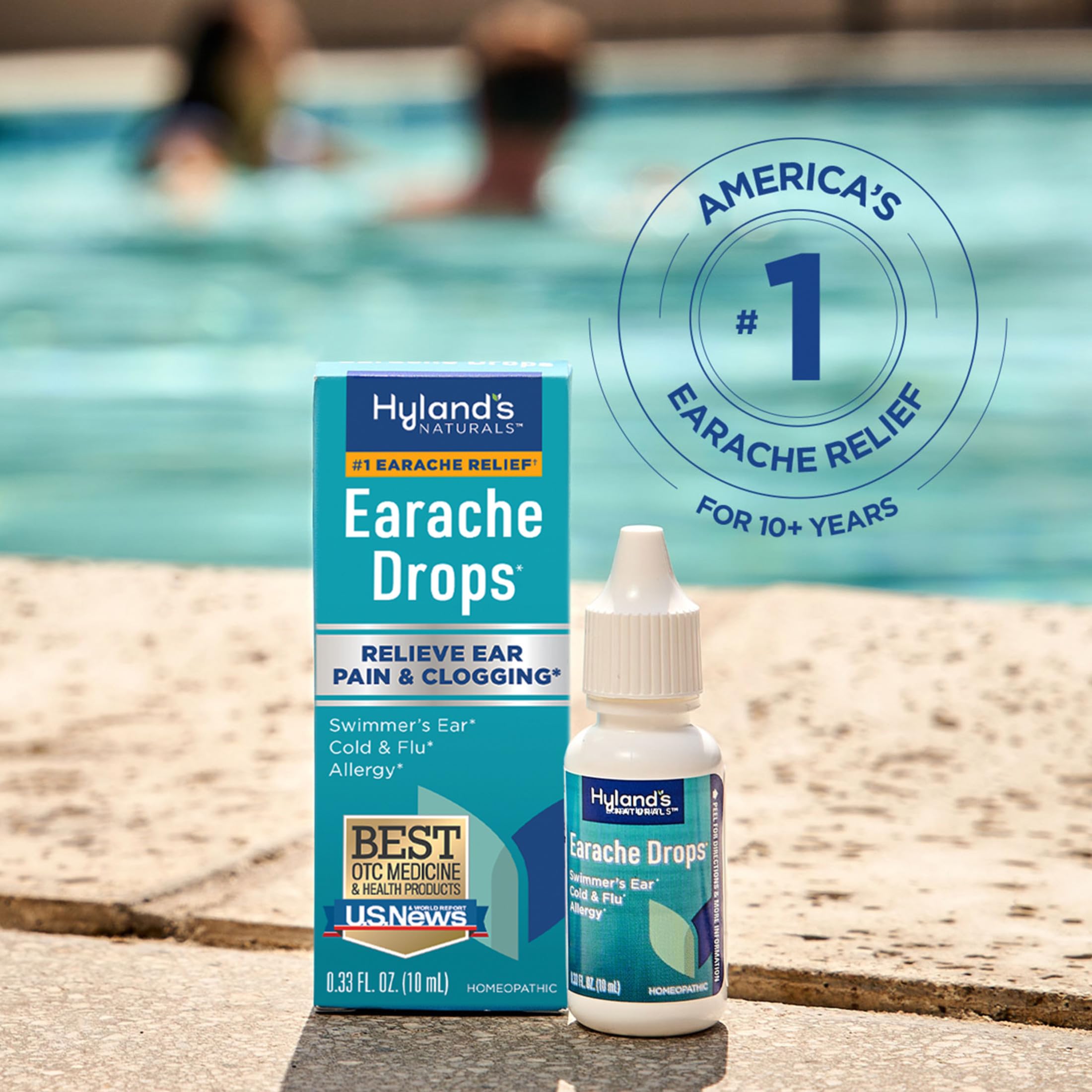 Hyland's Earache Drops bottle side view emphasizes compact design for travel.