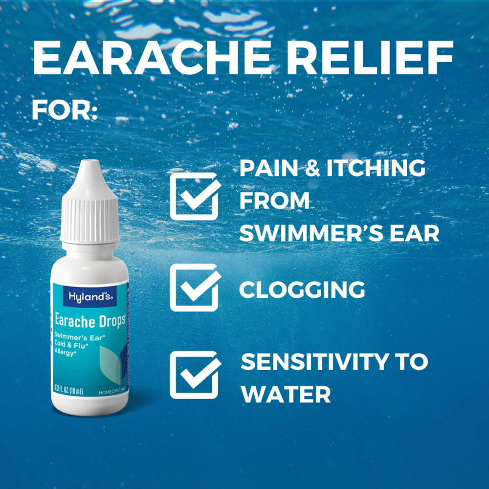 Hyland's Earache Drops in-ear application shows simple usage for quick relief.