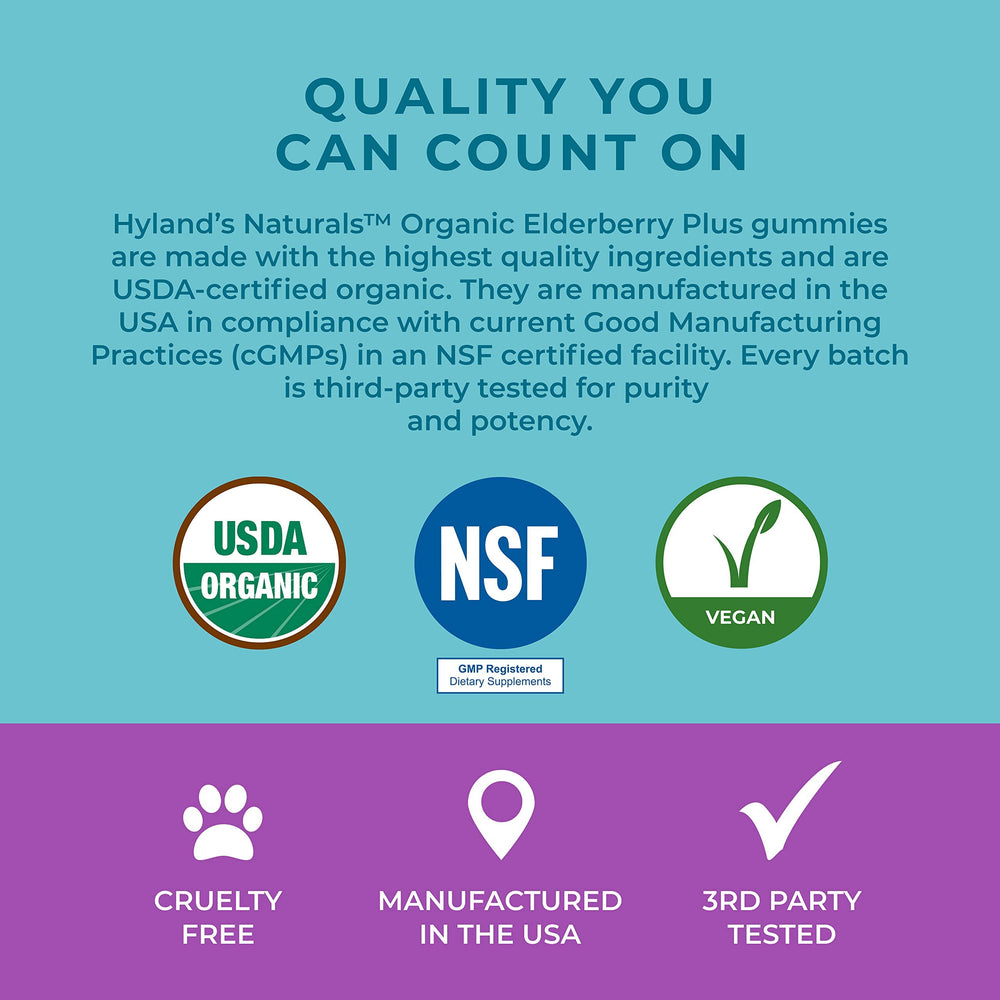 Hyland's ingredient-chart highlights organic elderberry, zinc, and vitamin C.