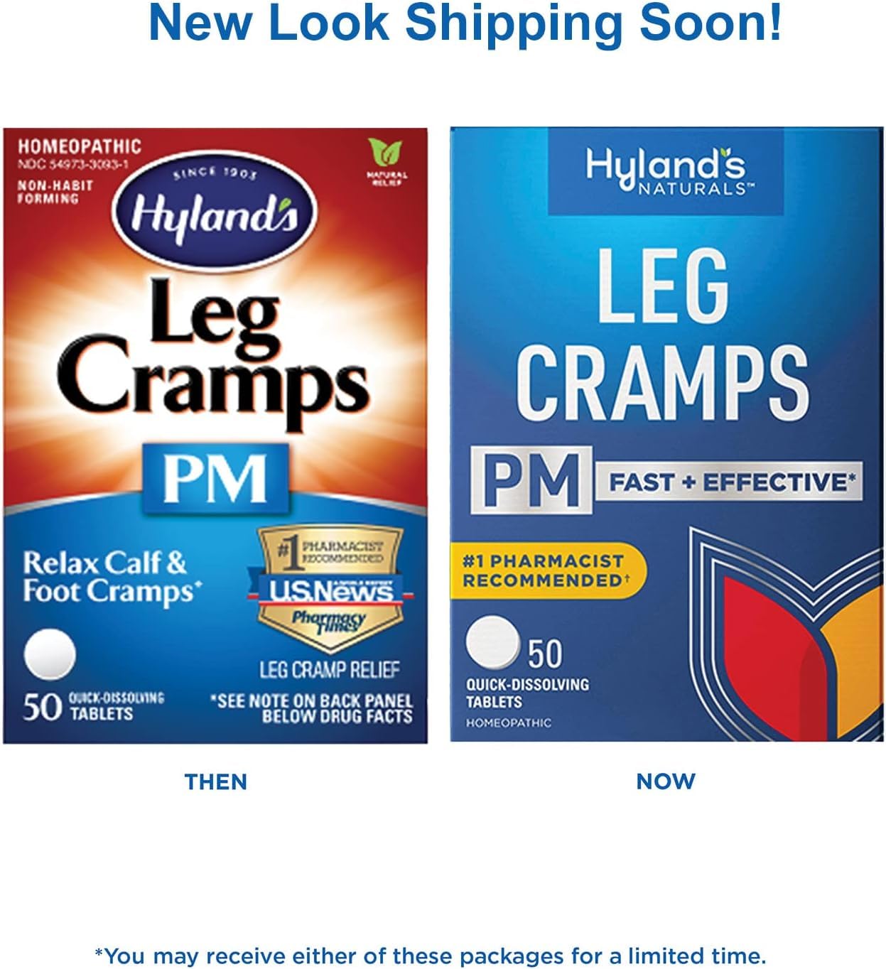 Hyland's Leg Cramps PM packaging box showing six-bottle set.