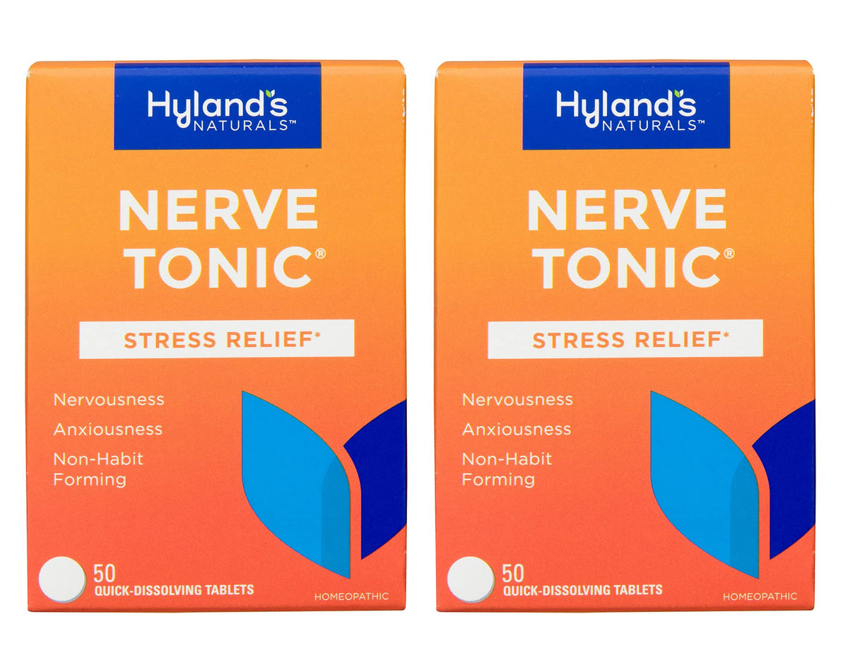 Hyland's Nerve Tonic bottle with quick-dissolve tablets for on-the-go calm.