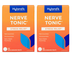 Hyland's Nerve Tonic bottle with quick-dissolve tablets for on-the-go calm.
