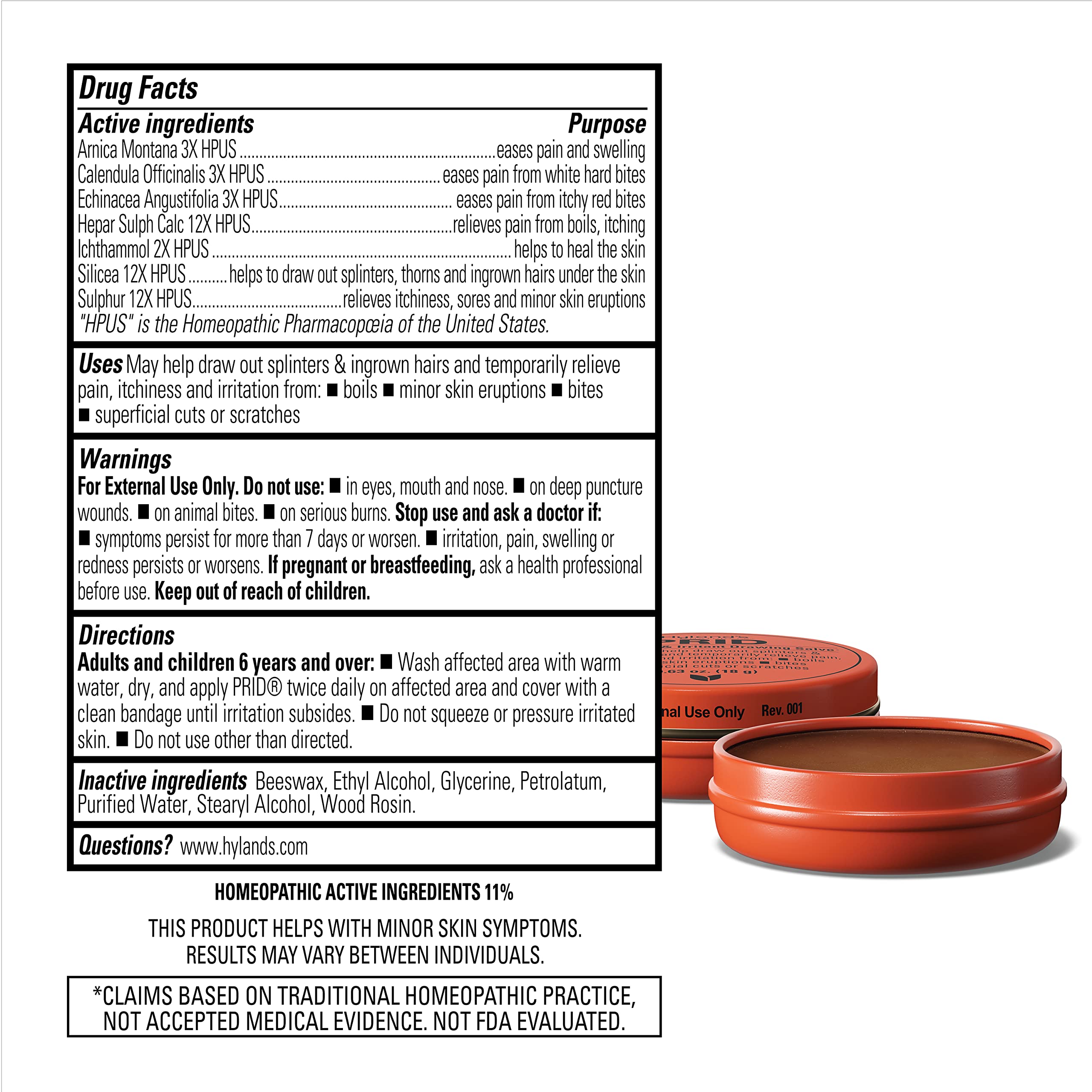 Hyland's PRID Drawing Salve 18-gram tube close-up emphasizing compact, convenient use.