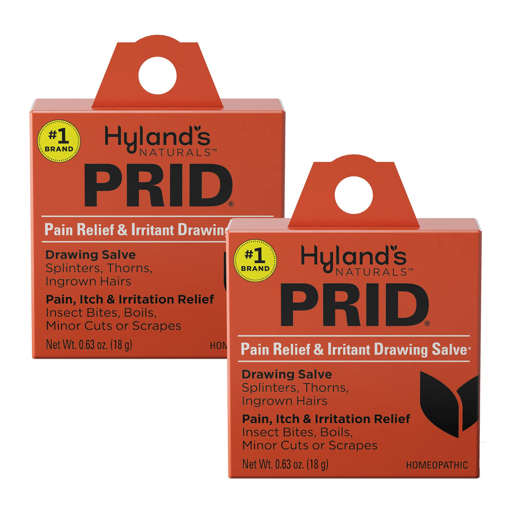 Hyland's PRID Drawing Salve front packaging promoting a natural, paraben-free relief for minor irritations.
