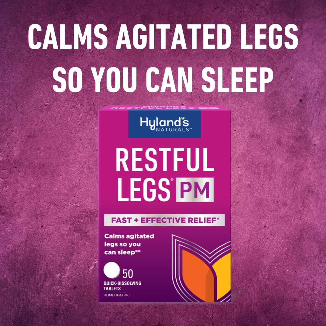 Front view of Hyland's Restful Legs PM bottle on a nightstand illustrating a nighttime sleep aid.
