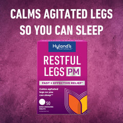 Front view of Hyland's Restful Legs PM bottle on a nightstand illustrating a nighttime sleep aid.