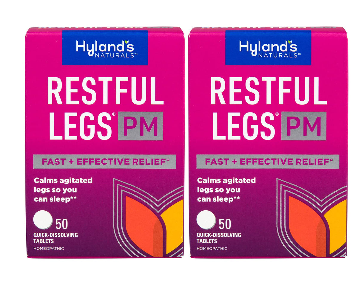 Hyland's Restful Legs PM tablets dissolve under the tongue for quick relief and sleep support.