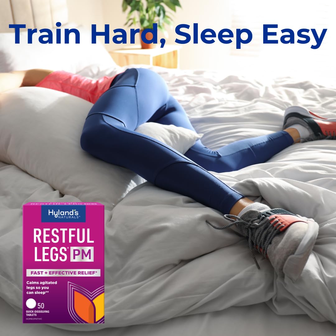 Hyland's Restful Legs PM tablets shown dissolving quickly for fast bedtime relief.