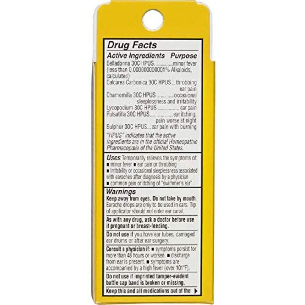 Hyland's Swimmers Ear Relief for Kids label shows 0.33 oz size and discontinued status